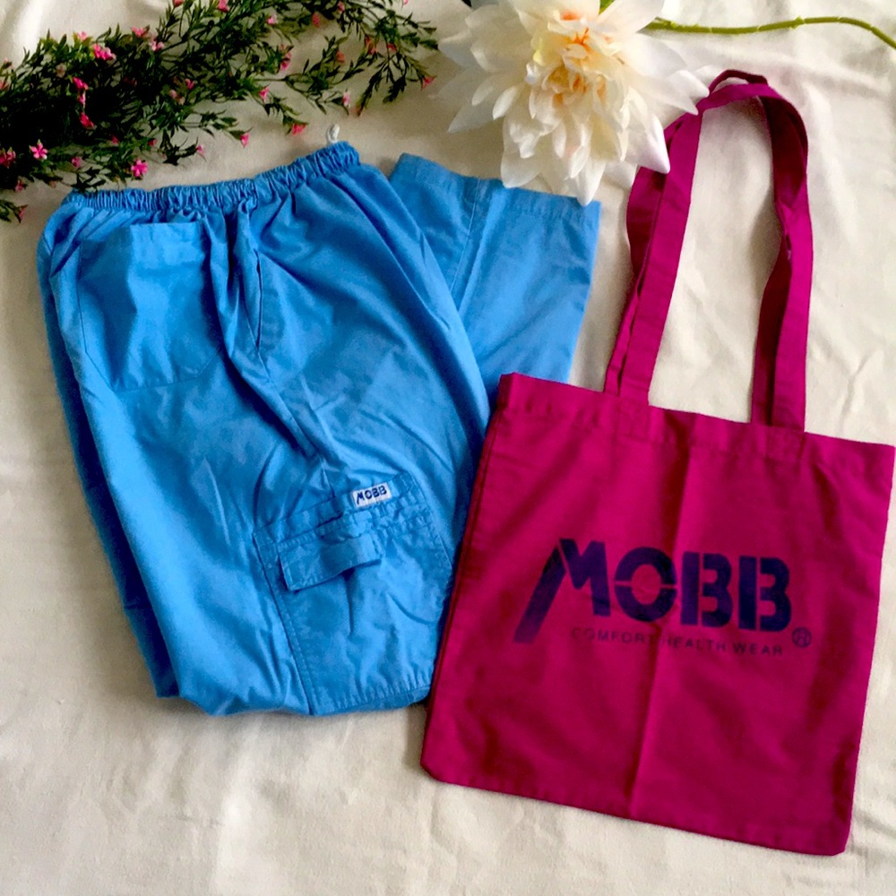MOBB Unisex Blue 5 Pocket Medical Scrub Pants Purple Tote Bag Set Size Large